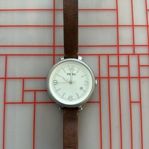 Fossil watch silver and white face genuine leather strap
